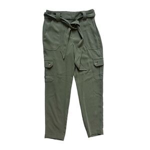 Womens Express Olive High Rise Tie Waist Cargo Ankle Fit Dress Pants - Sz 2R